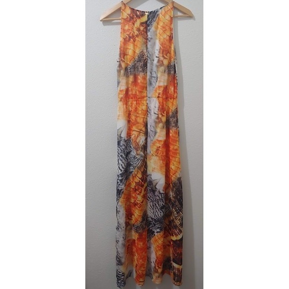 H&M Women's Maxi Dress 6 Orange Gray Feather Print Sleeveless Long Summer Gown - Picture 6 of 10